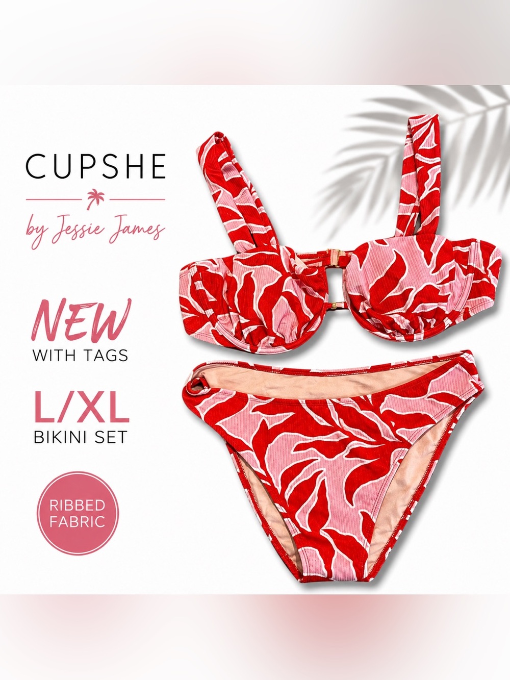 CUPSHE NWT Red Pink Ribbed Bikini Set L/XL Jessie James